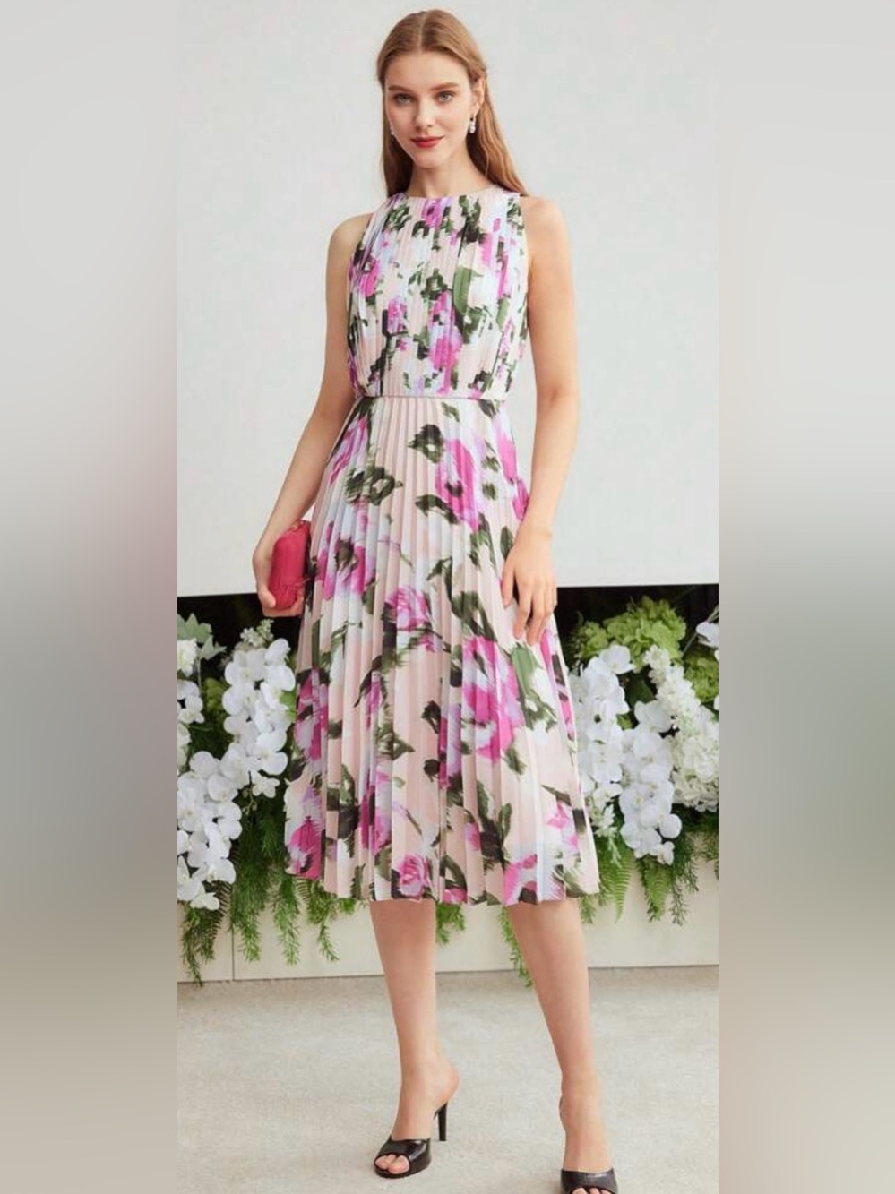 MOTF Floral Pleated Midi Dress in Pink Size Small